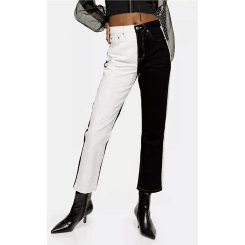 Topshop Editor Color Block Straight Leg Jeans Black White 25"
